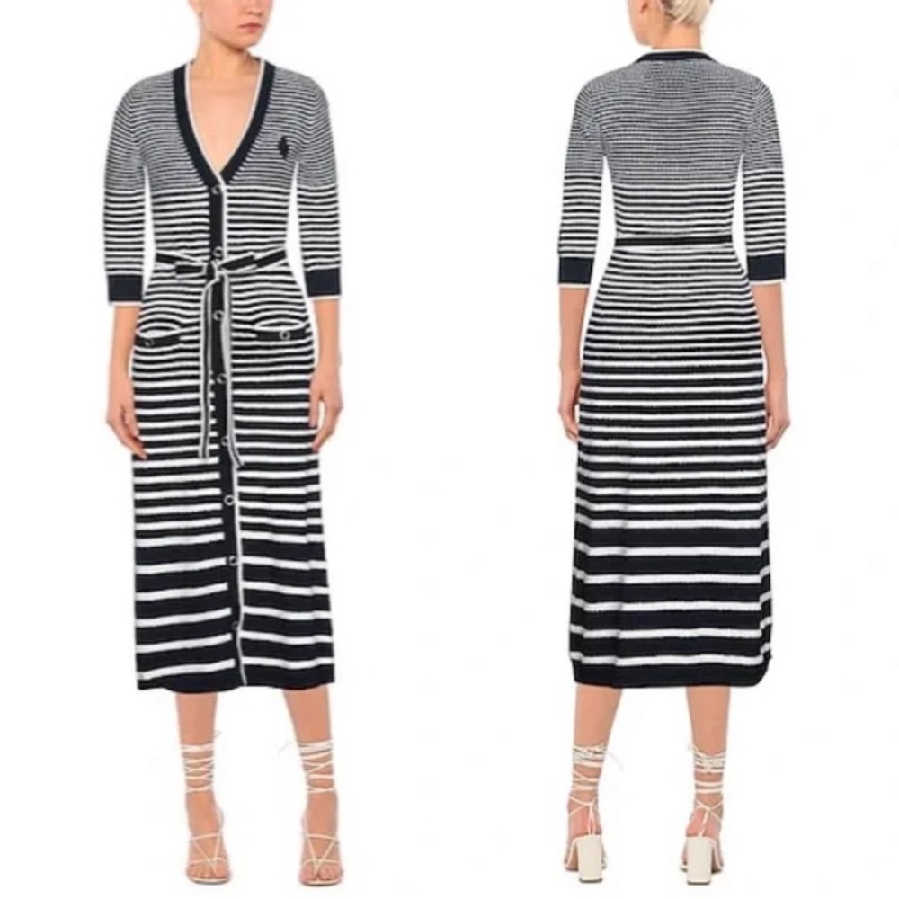Maje blue & white striped terry belted button down 3/4 sleeve midi dress size 2